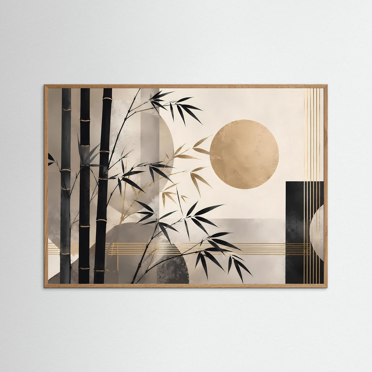 Querformat-Poster mit Bambus, goldenen Linien und Kreisform in Schwarz-Gold-Geometrie im hellen Holzrahmen
