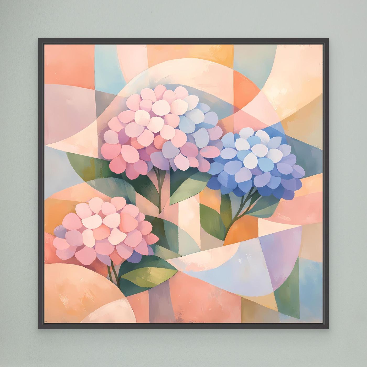 Leinwandbild mit geometrischen Hortensien in Pastellfarben, schwarz gerahmt