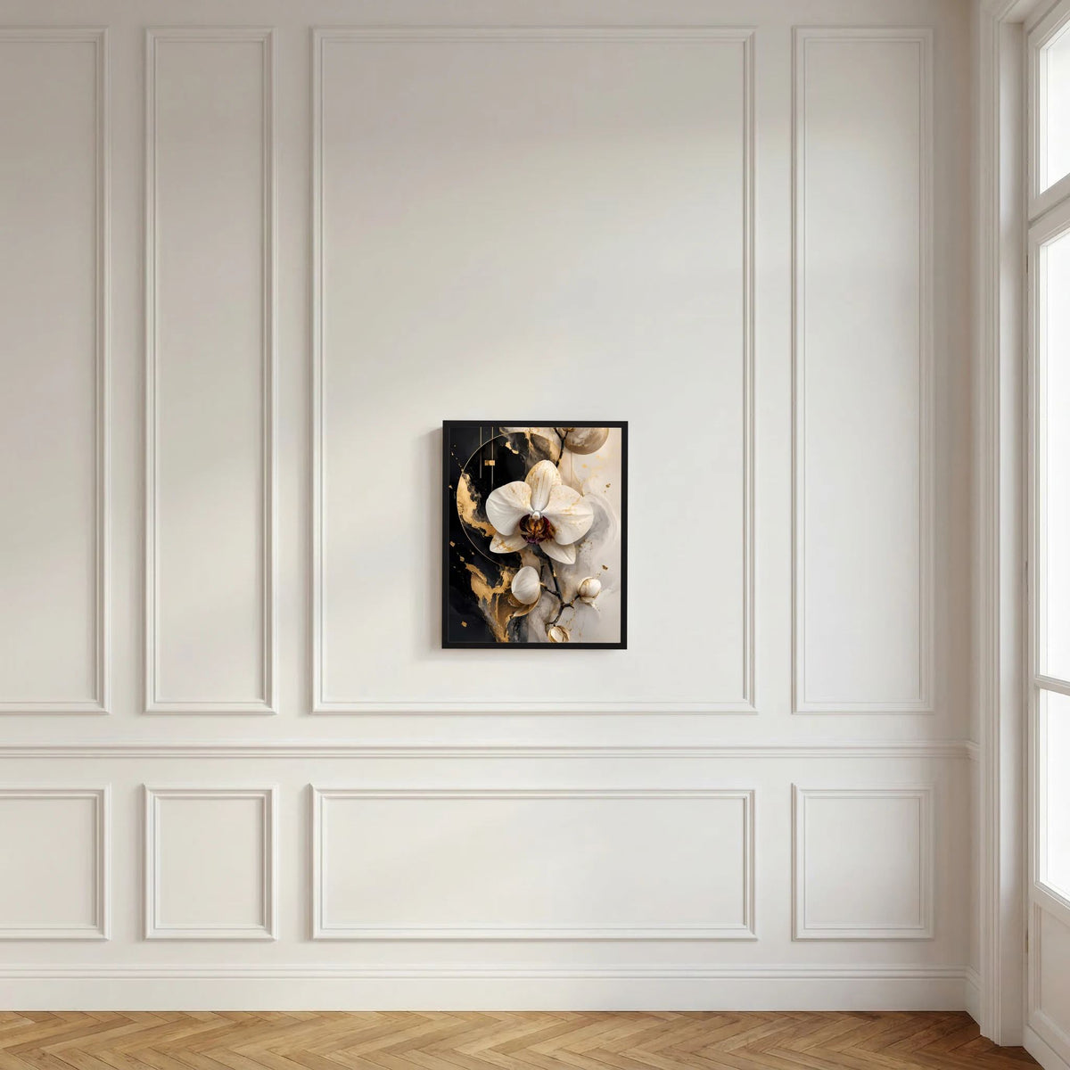 Wandposter mit weißen Orchideen im schwarzen Rahmen