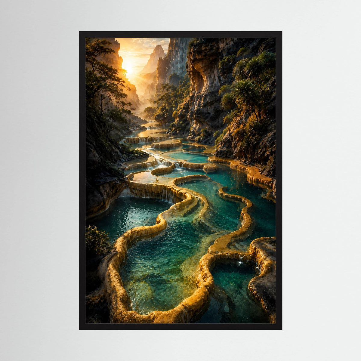 Poster im Hochformat mit schwarzem Rahmen: goldene Felsrinnen und türkisfarbenes Wasser.