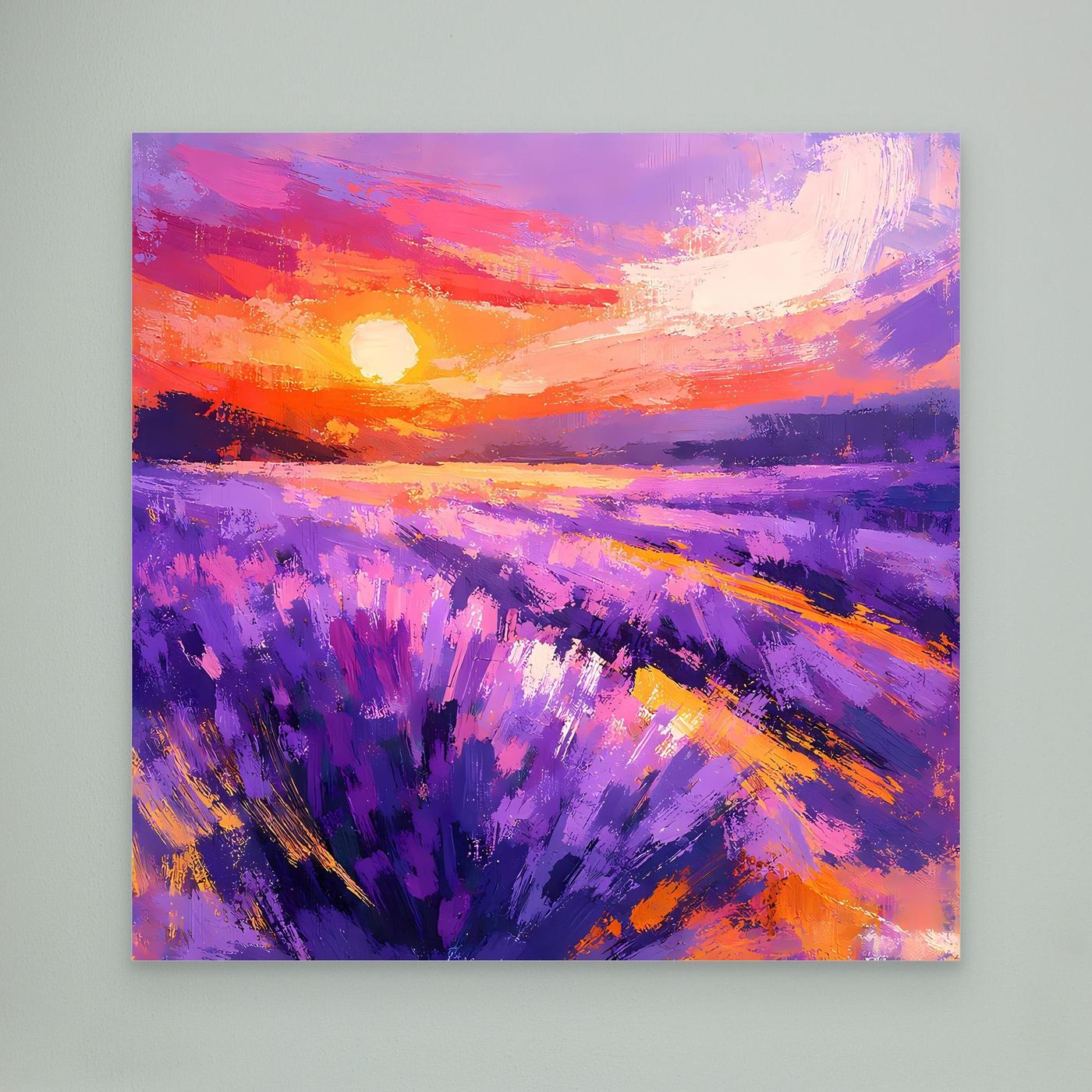 Abstract lavender field sunset canvas wall art with purple, orange, and yellow highlights
