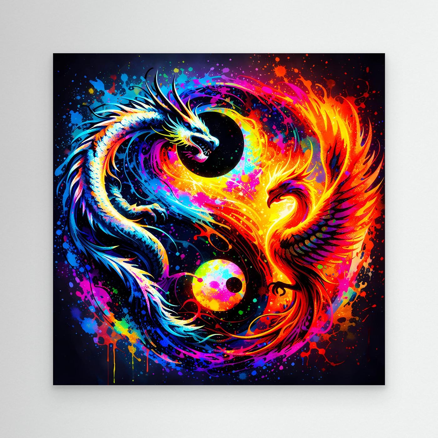 Leinwandbild Yin-Yang mit Drachen- und Phönix-Motiv, bunt, im schwarzen Rahmen