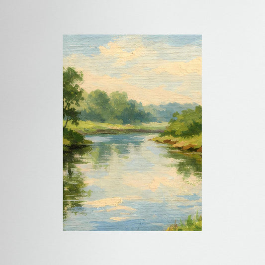 Landschaftswandbild als Poster ohne Rahmen mit Fluss, Bäumen und wolkigem Himmel