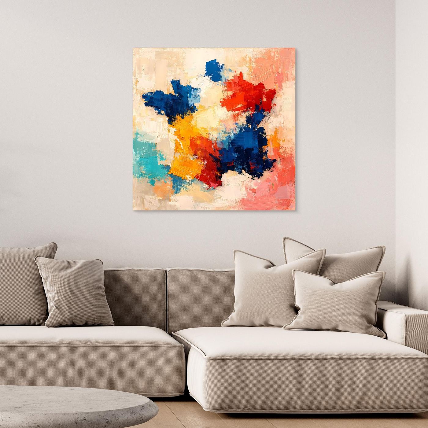 Abstract canvas wall art with blue, red, orange, yellow, and white paint
