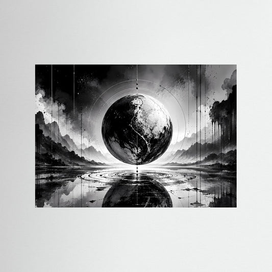 Abstraktes Kugel-Wandbild: monochromer Planet über spiegelnder Landschaft, ohne Rahmen