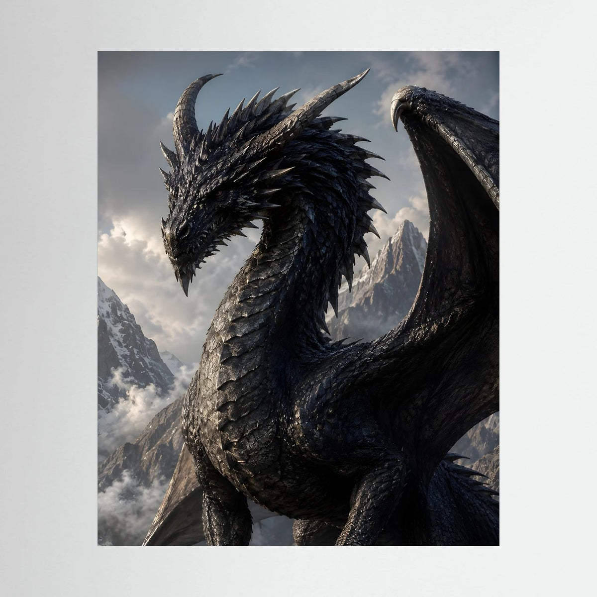 Drachengemälde im Hochformat: schwarzer Drache mit Flügeln vor Bergkulisse und Wolken