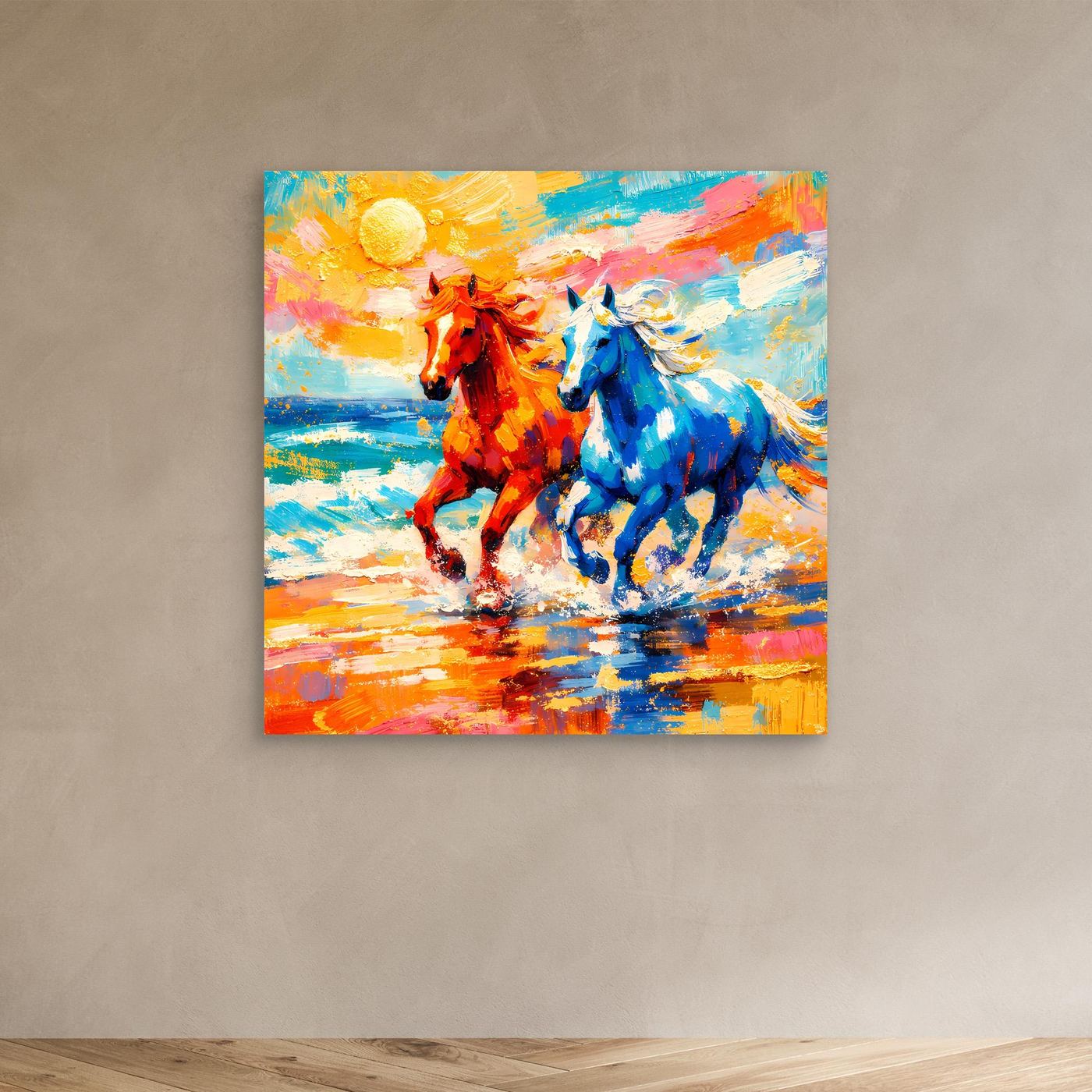 Quadratisches Leinwandbild mit zwei wilden Pferden, abstrakte Strandszene in Rot und Blau