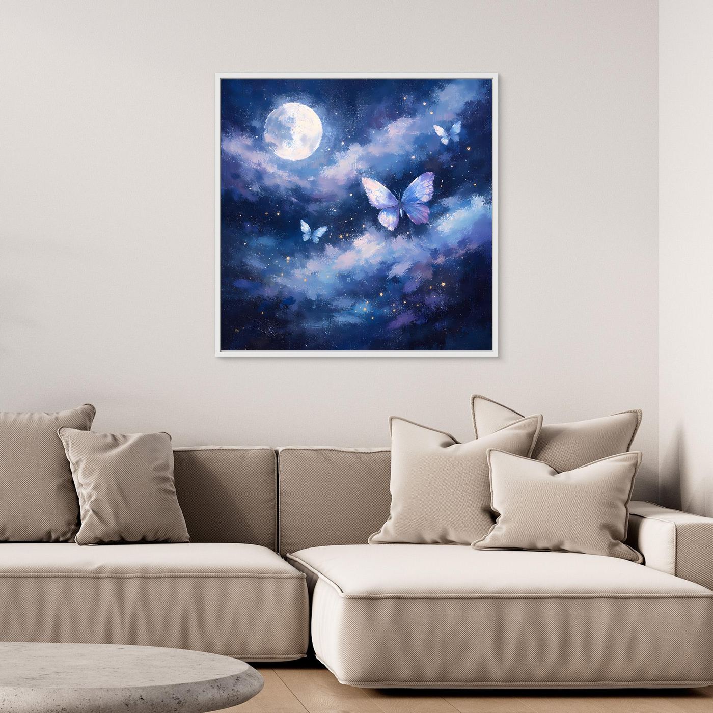 Leinwand-Wandbild mit Nachthimmel in Blau, silbrigem Mond und Schmetterlingen im Flug