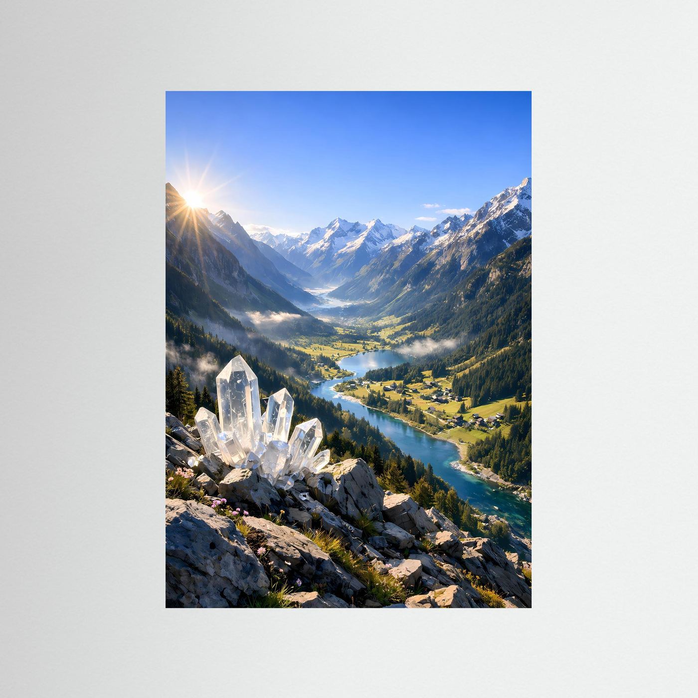Bergposter mit Kristallspitzen und Alpenlandschaft im Sonnenaufgang, Hochformat