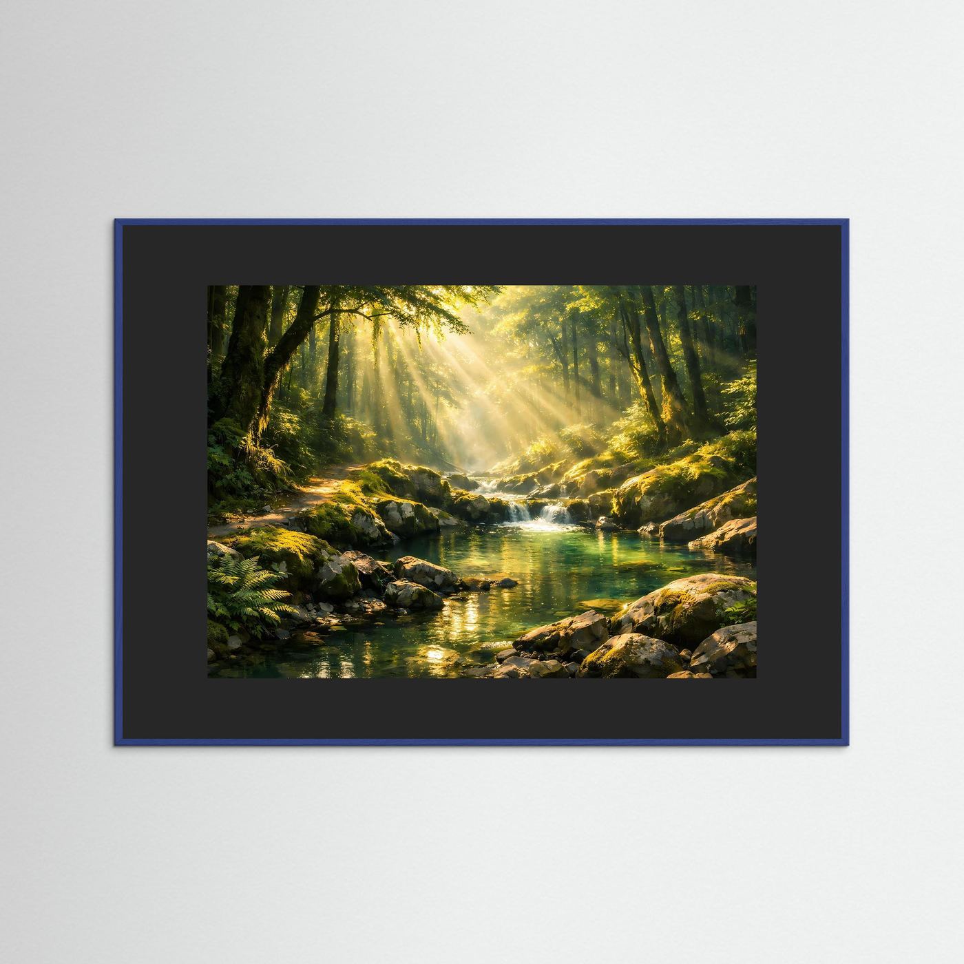 Wandbild mit blauer Umrandung: Waldbach im grünen Wald mit Sonnenstrahlen und Steinen