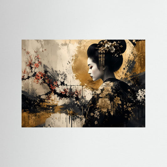 Japanisches Wandbild mit Geisha-Profil, Kirschblütenzweigen und gold-schwarzem Farbkontrast