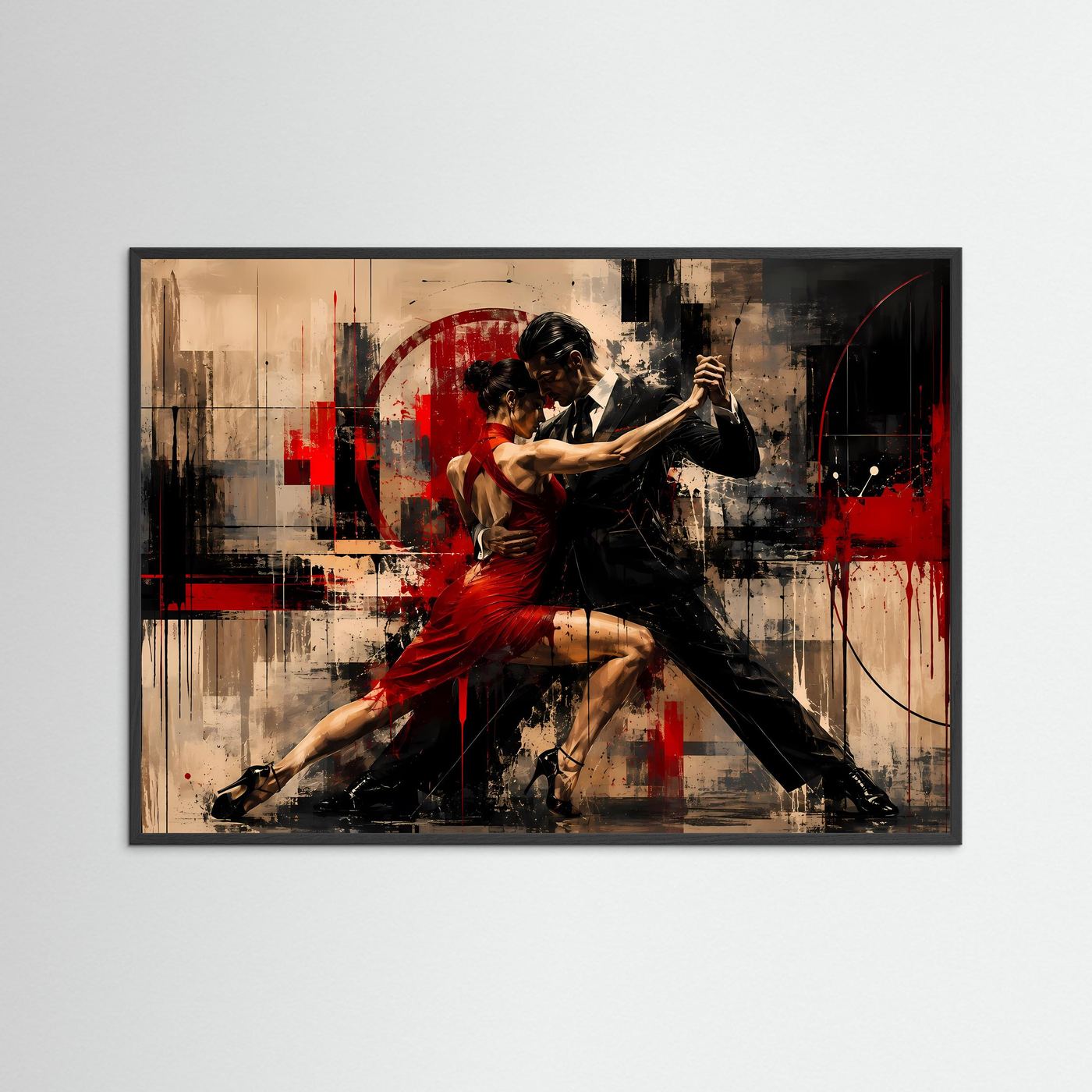 Leidenschaftliches Tango-Paar in Rot & Schwarz | Abstraktes Tanz Poster im Querformat | Modernes Wandbild