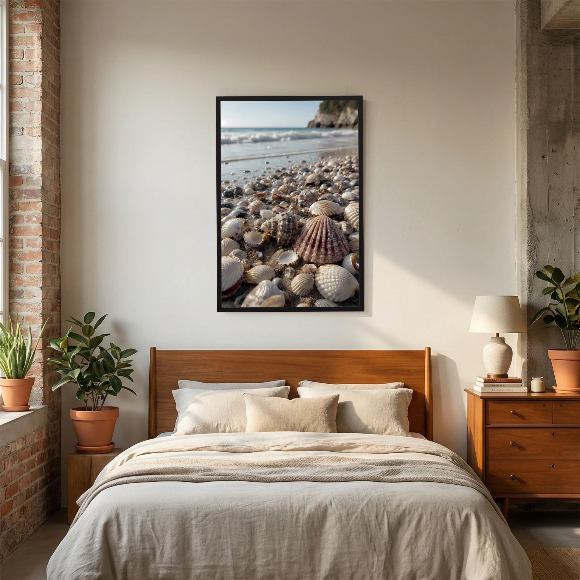 Hochformat-Poster mit Muschelstrand, Holzrahmen, Muscheln im Vordergrund