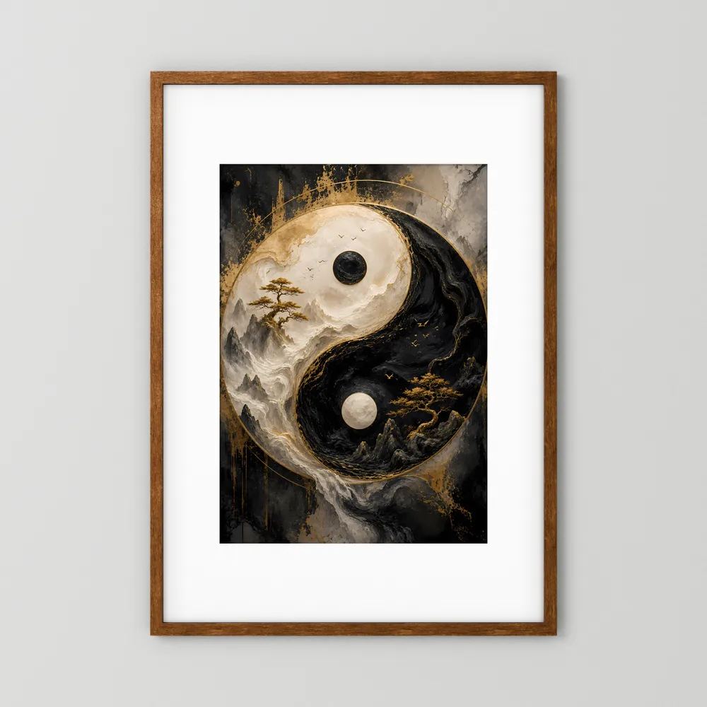 Hochformat-Poster Yin-Yang in Schwarz und Gold mit Berglandschaft, brauner Holzrahmen