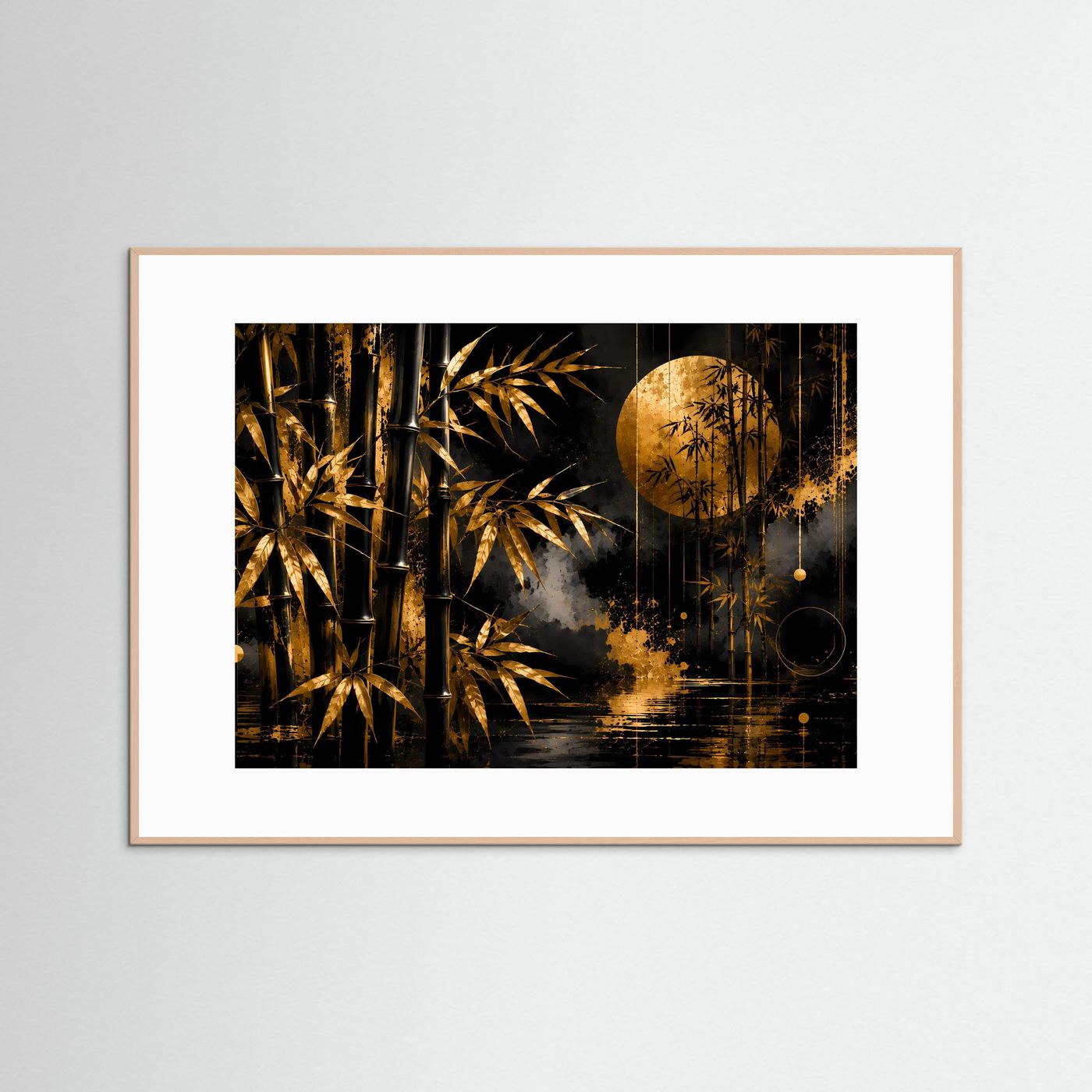 Querformat-Poster: Bambuswald mit Vollmond, schwarz-gold; rosafarbener Rahmen