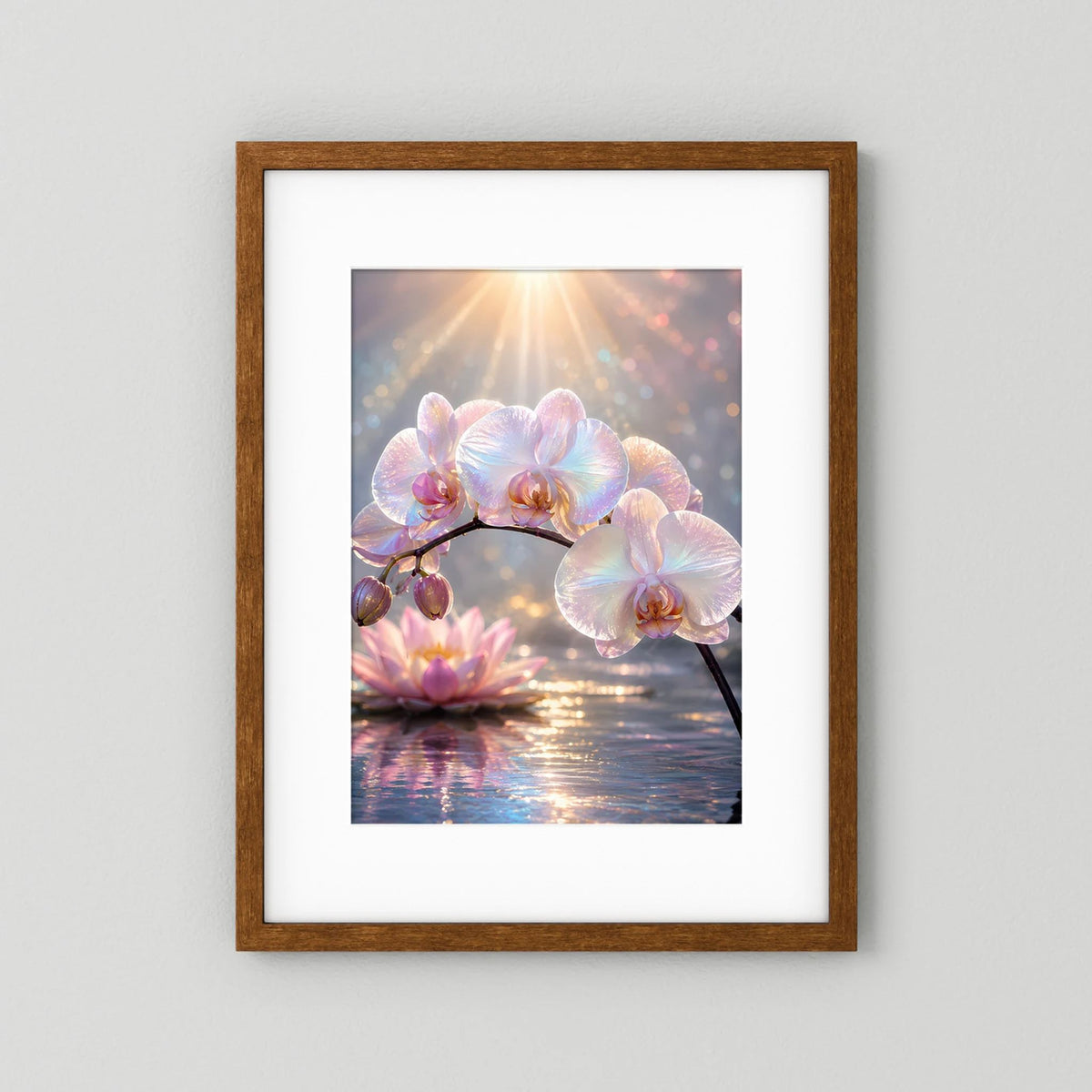 Blumenposter mit Orchideen und Lotusblüte, brauner Holzrahmen mit weißem Rand