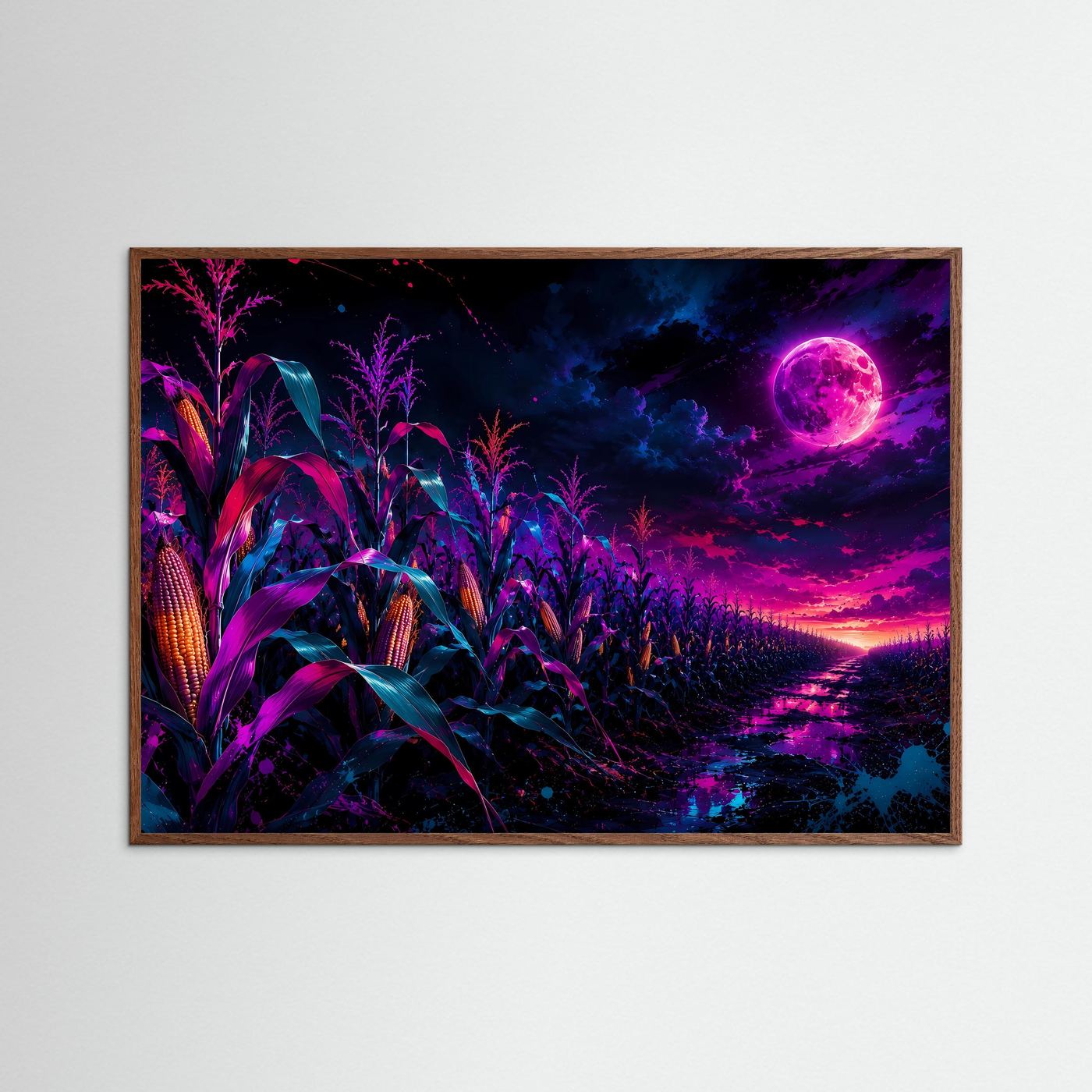 Neon-Maisfeld bei Vollmond | Mystische Fantasy-Landschaft in Pink, Lila & Blau