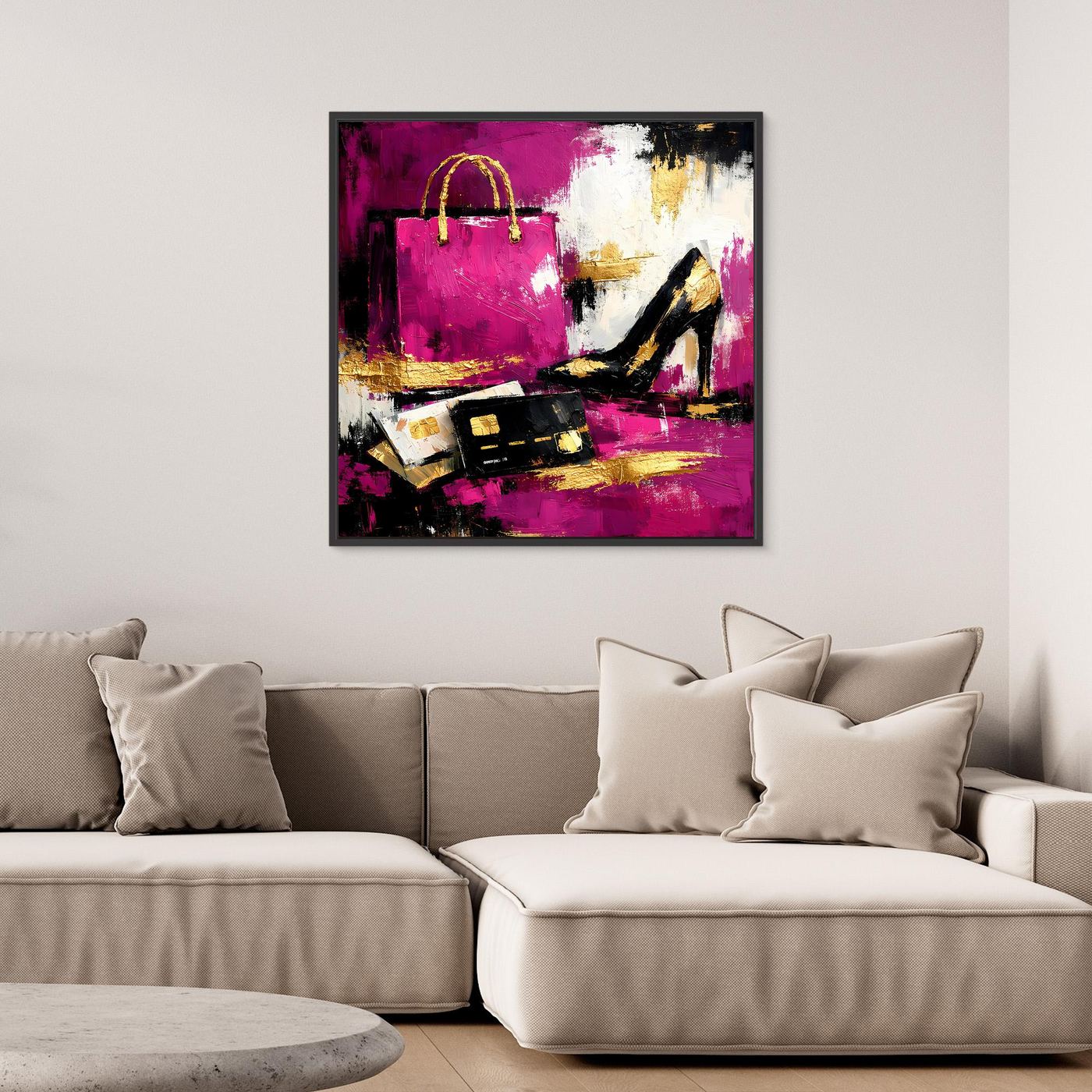 Leinwand Abstraktes Fashion Wandbild in Pink und Gold | Modernes High Heels & Shopping Gemälde
