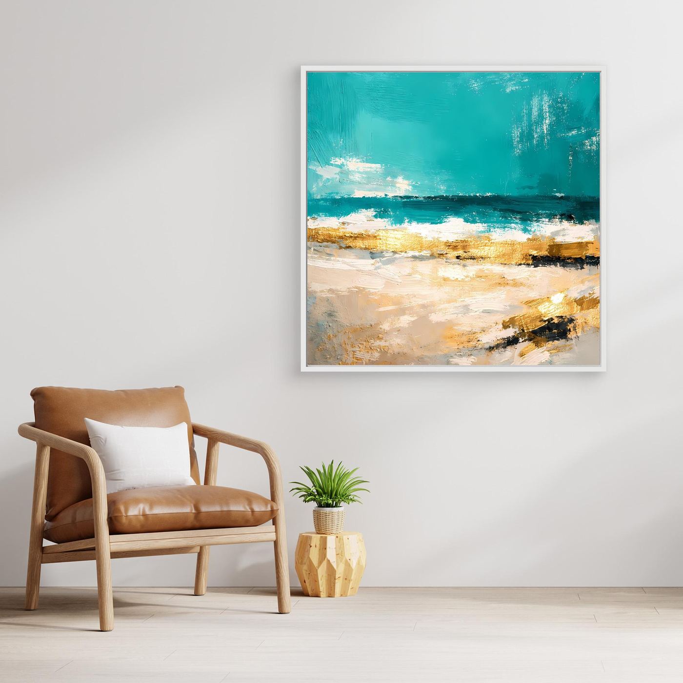 Leinwand Abstraktes Strandgemälde in Türkis und Gold | Modernes Meer Wandbild