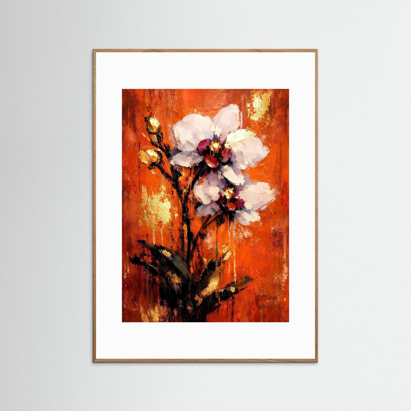 Orchideen-Kunstposter im hellbraunem Holzrahmen mit weißem Passepartout