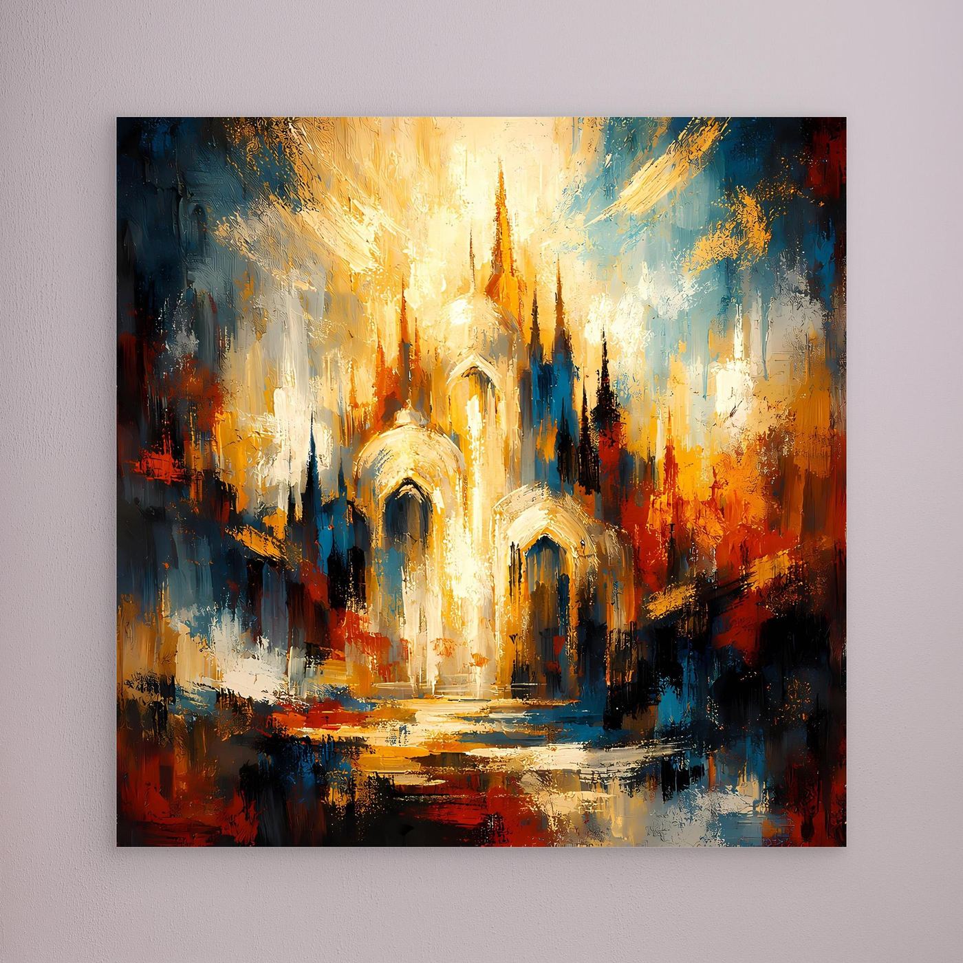 Leinwandbild mit abstrakter Kathedrale, goldene Architekturformen, Blau- und Rottöne