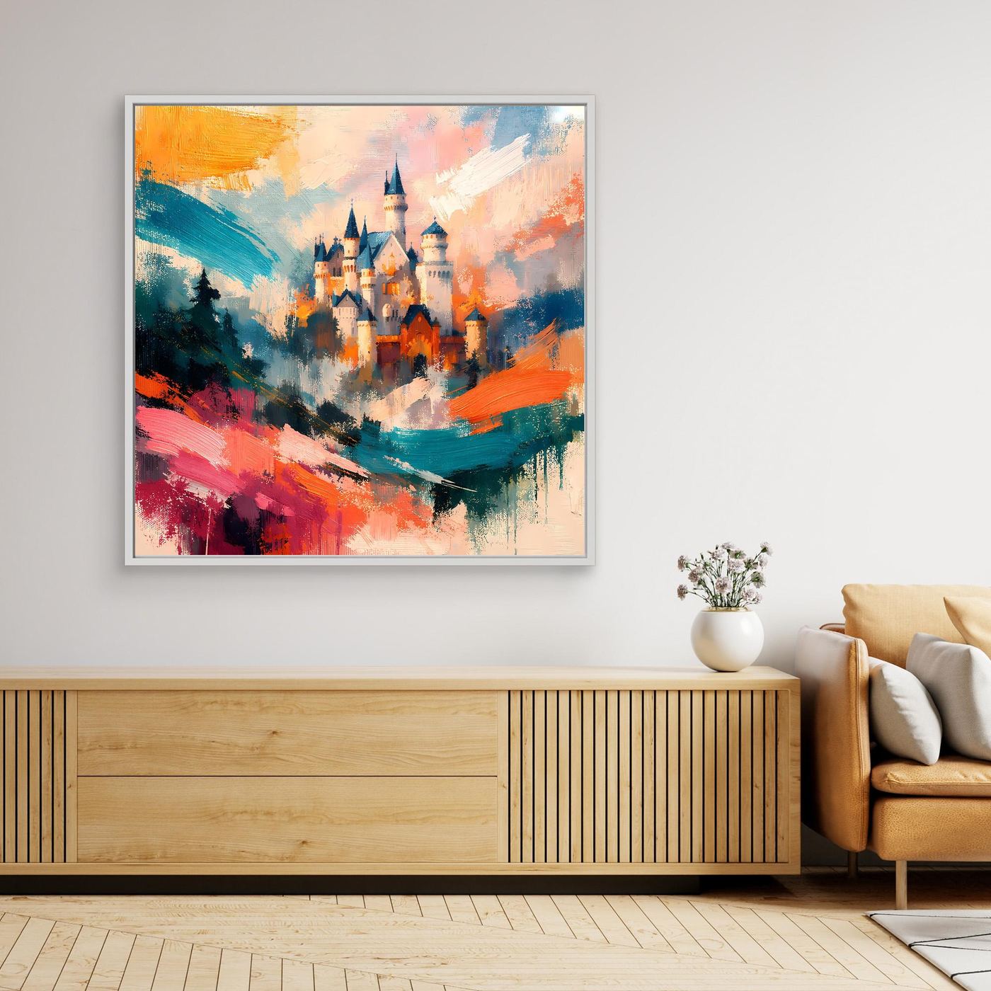 Premium Leinwand Märchenhaftes Schloss in abstrakten Farben | Modernes Castle Wandbild