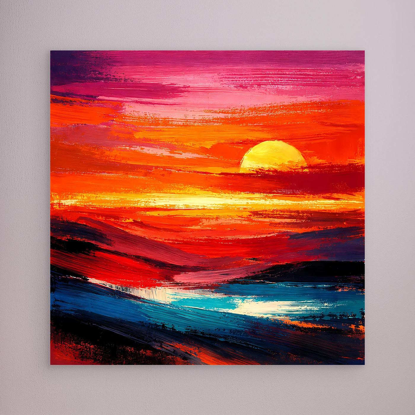 Leinwandbild mit abstraktem Sonnenuntergang und Meer, gelbe Sonne, ohne sichtbaren Rahmen