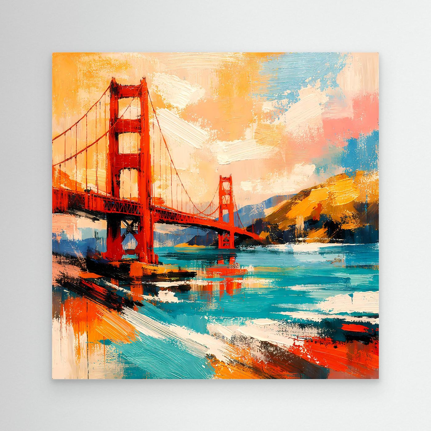 Abstract canvas wall art with bridge-style structure, orange red and blue paint strokes