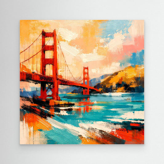 Abstract canvas wall art with bridge-style structure, orange red and blue paint strokes