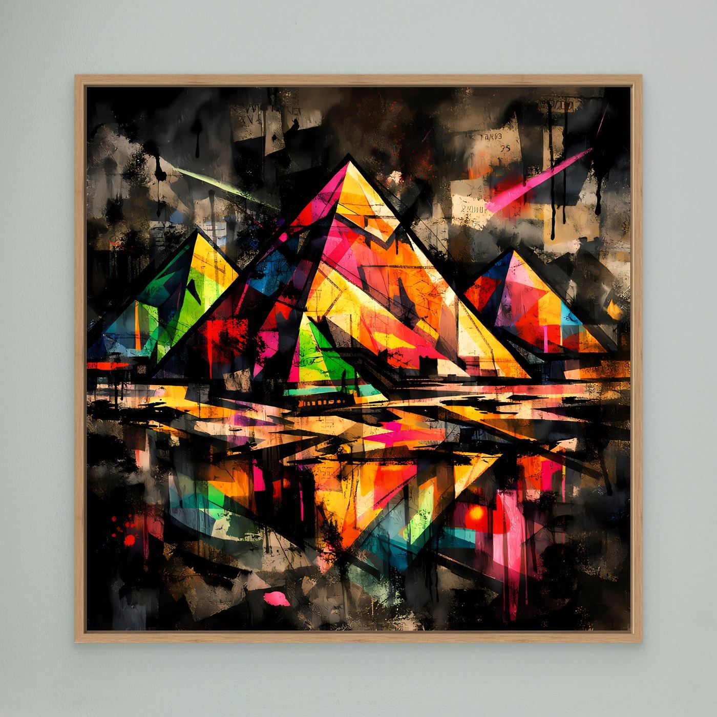 Leinwandbild: abstrakte bunte Pyramiden im Street-Art-Stil, dunkler Hintergrund, Holzrahmen (Eiche)