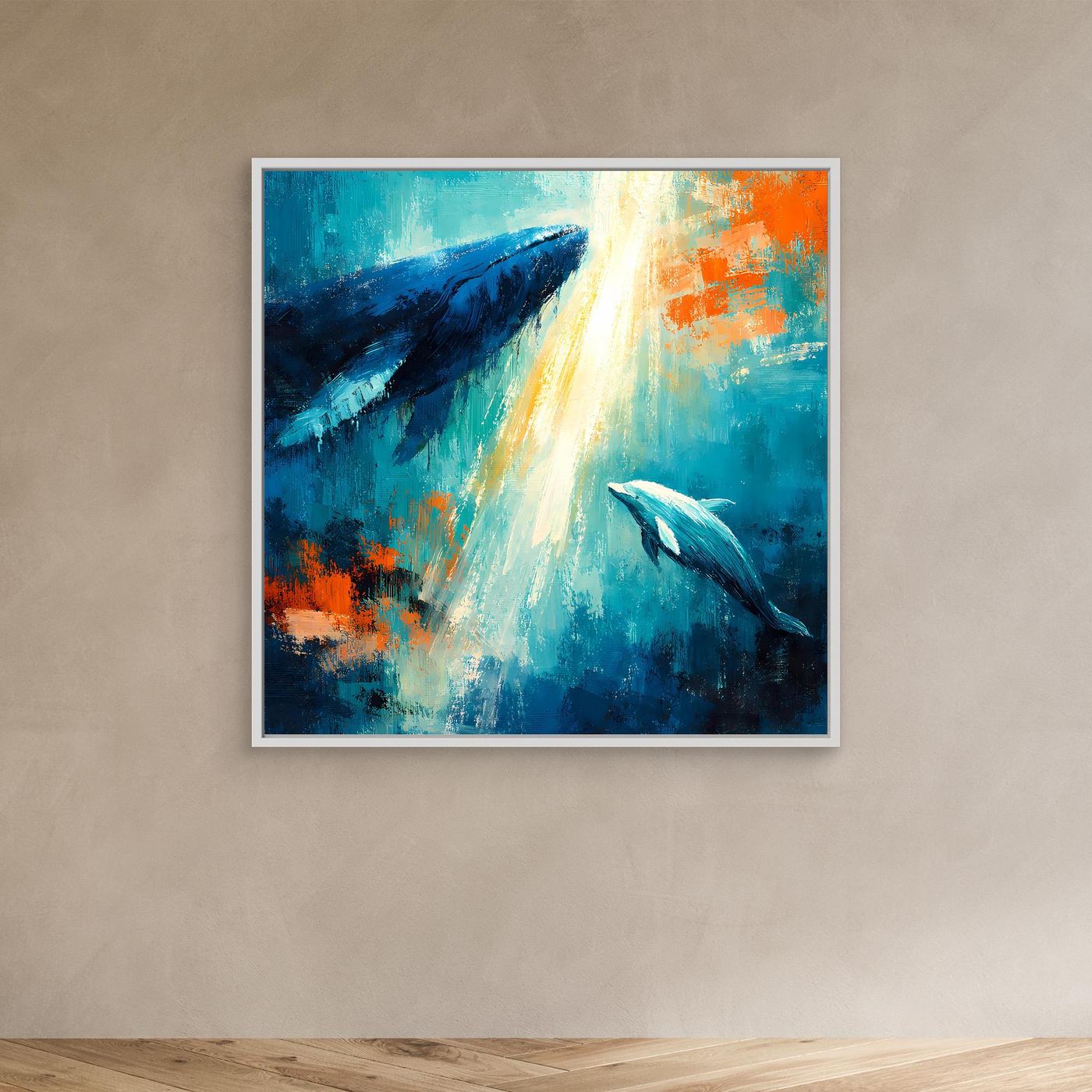 Leinwand Majestätischer Wal und Delfin im Lichtstrahl | Abstraktes Meeres Wandbild