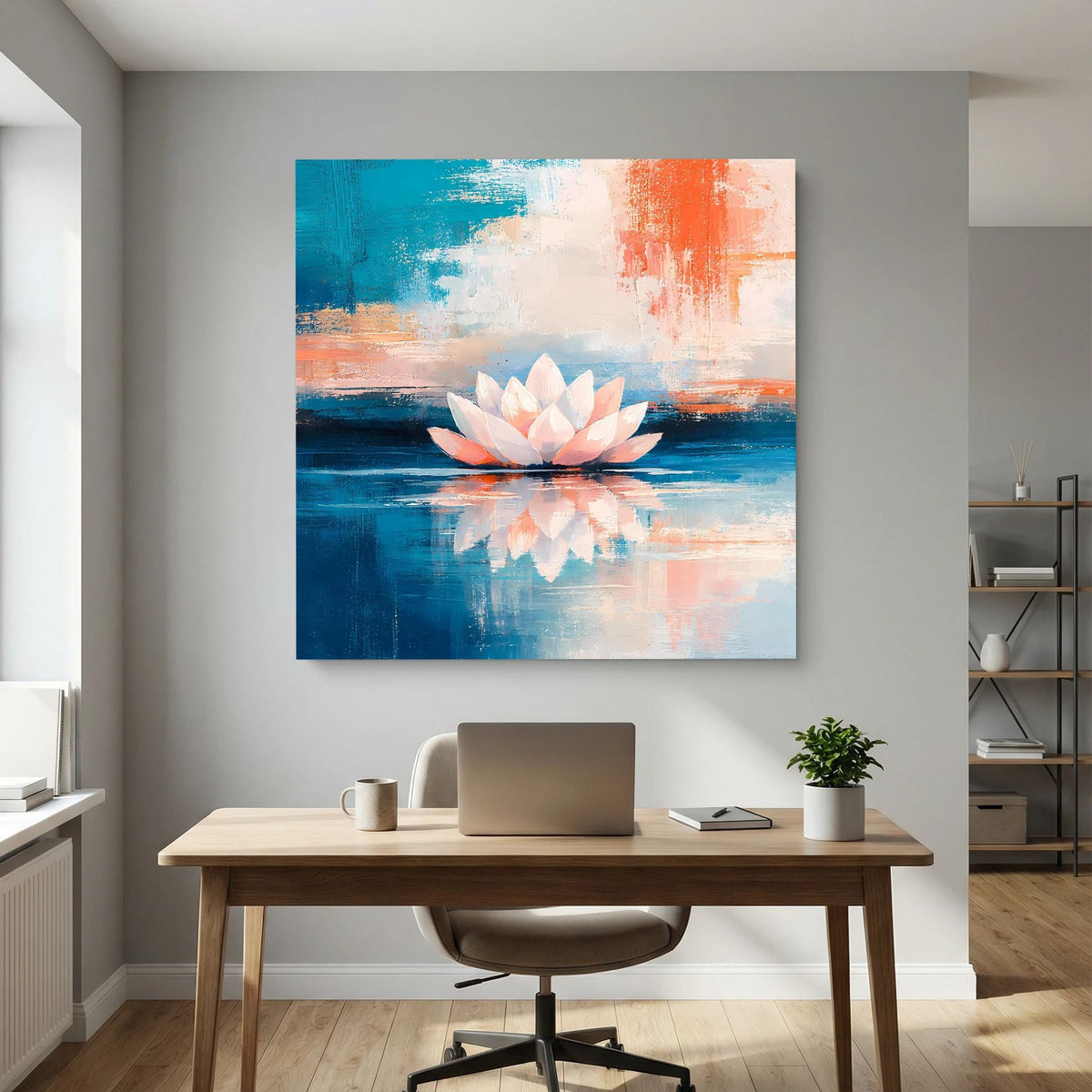 Quadratisches Wandbild mit Lotus auf Wasser, abstrakte Farbflächen in Blau und Orange