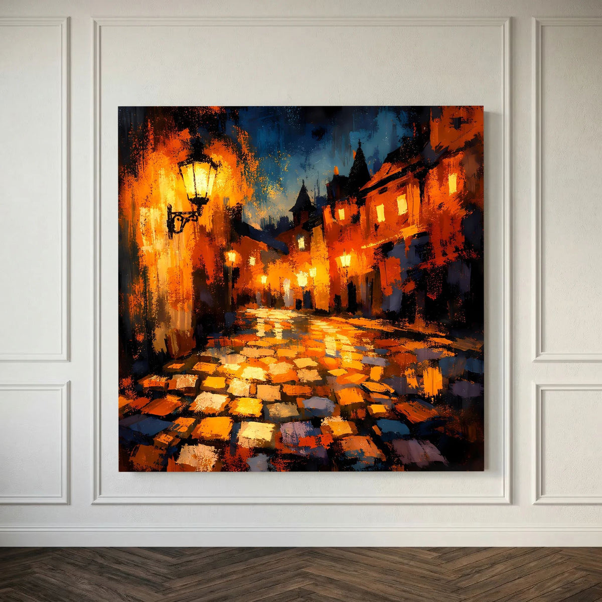Leinwand Abstraktes Altstadt Gemälde | Modernes Romantisches Gassen Wandbild bei Nacht