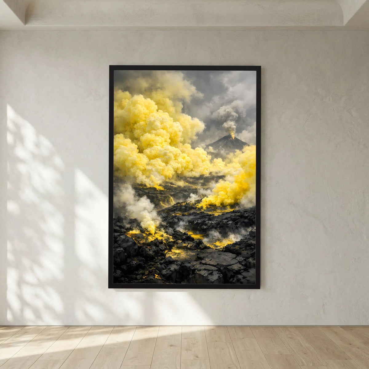 Die Kraft der Natur | Abstraktes Vulkan Poster in Gelb & Schwarz | Modernes Landschaftskunstposter Hochformat