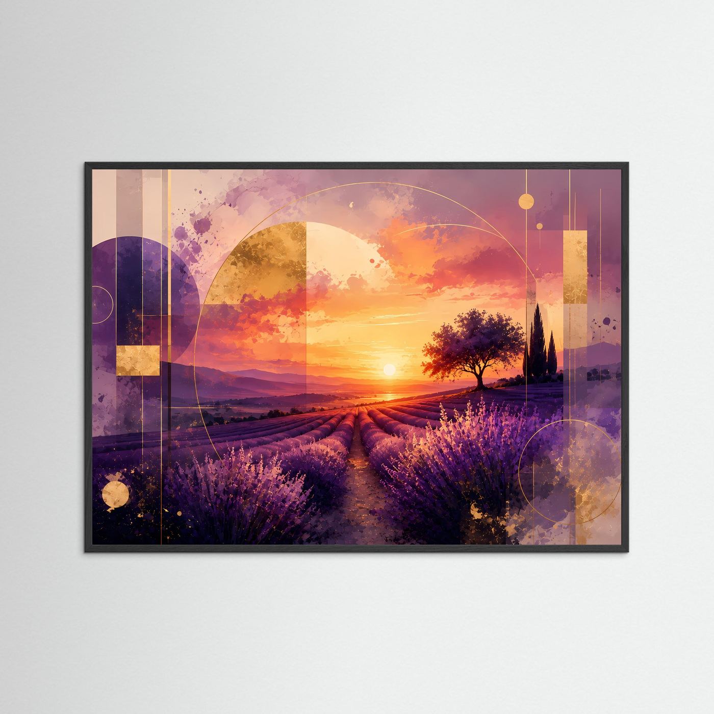 Gerahmter abstrakter Kunstdruck: Lavendelfeld bei Sonnenuntergang in Lila und Gold