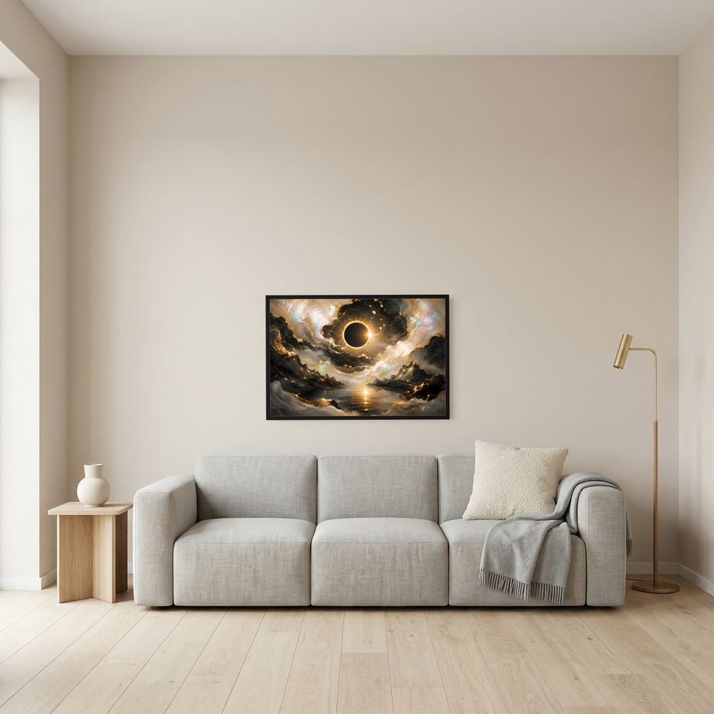 Kleines gerahmtes Poster mit Sonnenfinsternis über Berglandschaft, schwarzem und goldenem Himmel