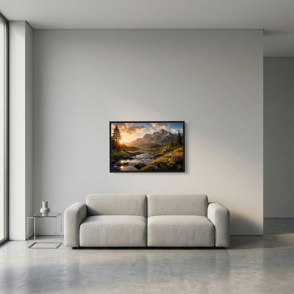 Alpenlandschafts-Poster mit Bergsee und Sonnenuntergang, schwarzer Rahmen im Querformat