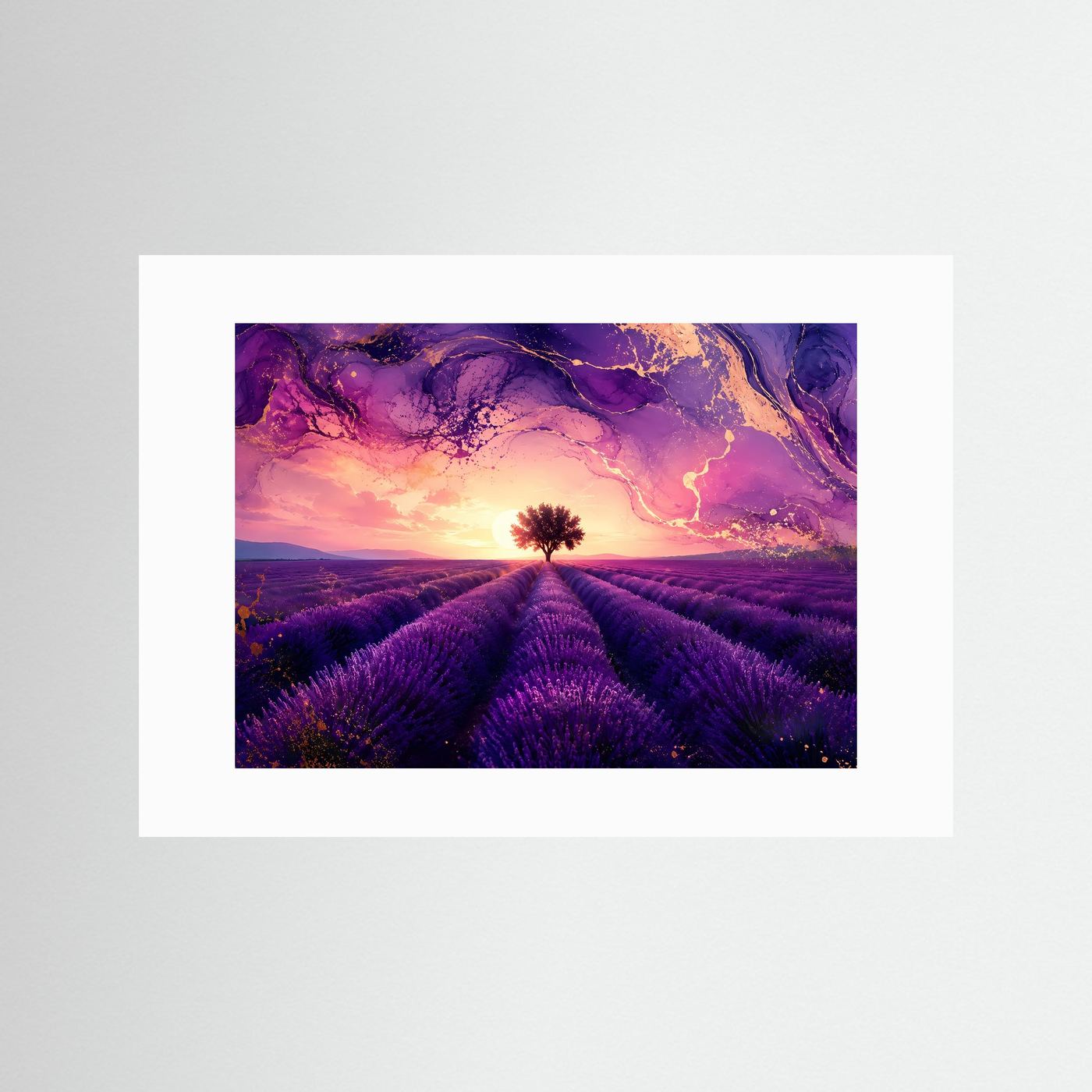Lavendelfeld Poster | Provence Sonnenuntergang Wandbild | Lavendel Landschaft Kunst | Baum Silhouette | Moderne Fine Art