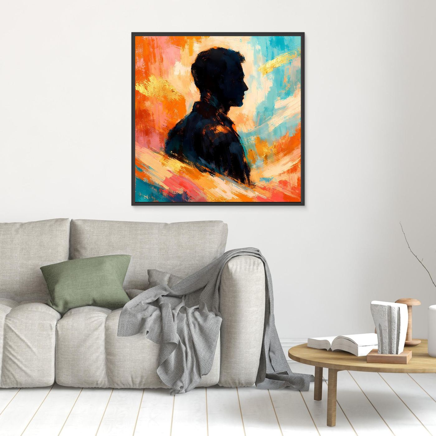 Kleines Leinwandbild mit schwarzem Rahmen und abstrakter Silhouette eines Mannes, Blau-Orange