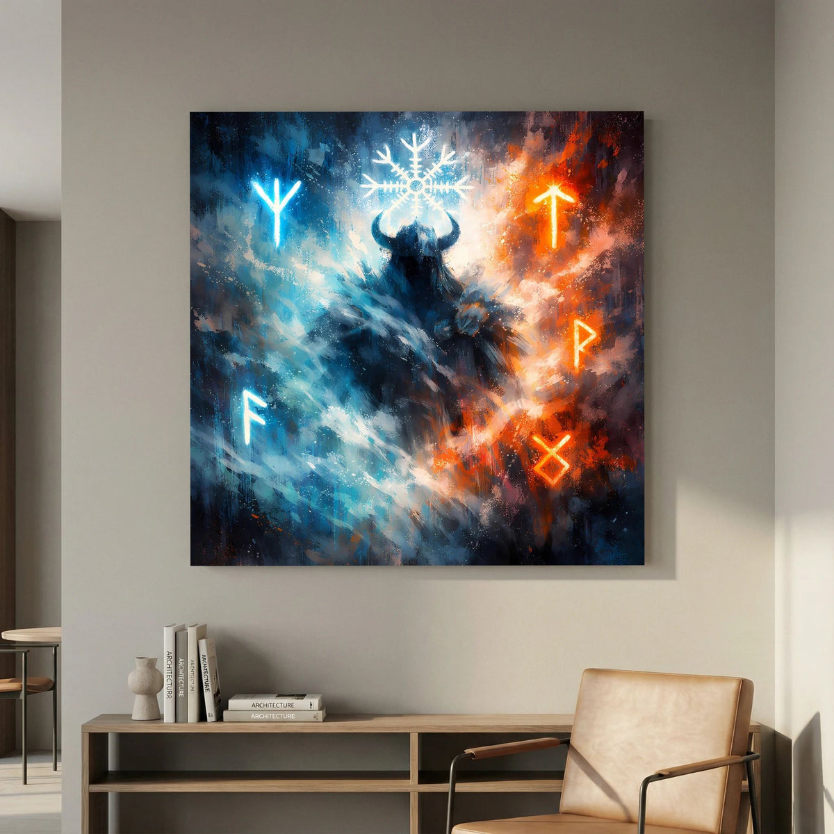 Wandbild auf Leinwand mit Wikingersilhouette und Runen, kräftige Farbfelder in Blau und Orange