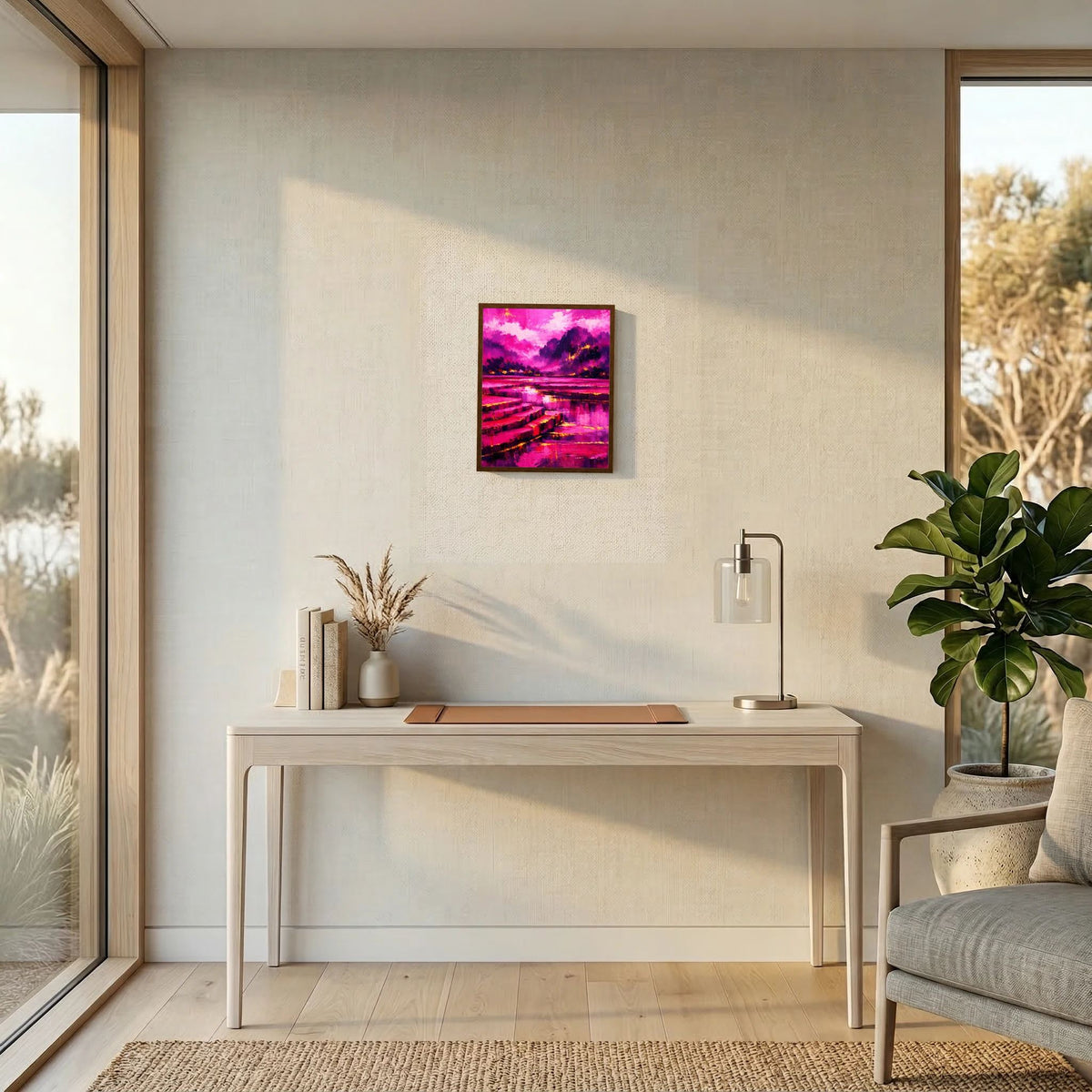 Gerahmtes Hochformat-Poster mit pinkem Himmel und magentafarbenem Weg in abstrakter Ansicht