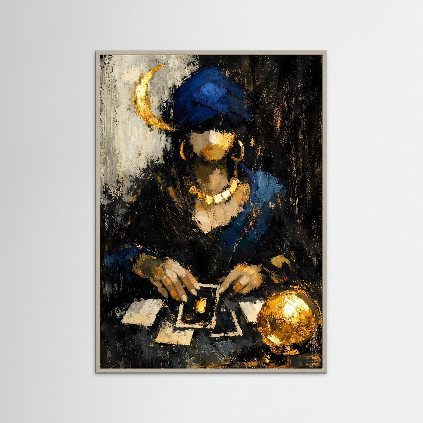 Abstraktes Tarot-Poster mit Wahrsagerin, goldener Kugel und Armhaltung, schlicht gerahmt