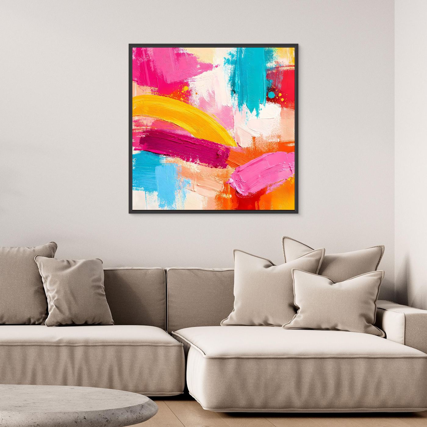 Abstract pastel pop art wall canvas in dark frame, pink teal yellow orange paint strokes