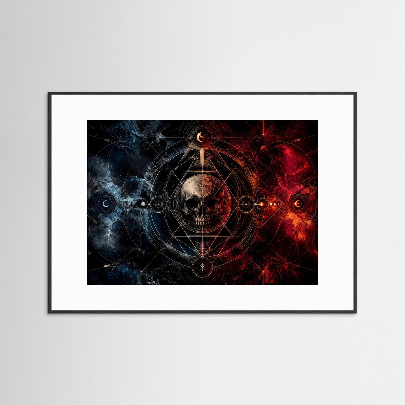 Querformat-Poster mit Totenkopf und roter/blauer Geometrie, schwarzer Rahmen, weißer Rand