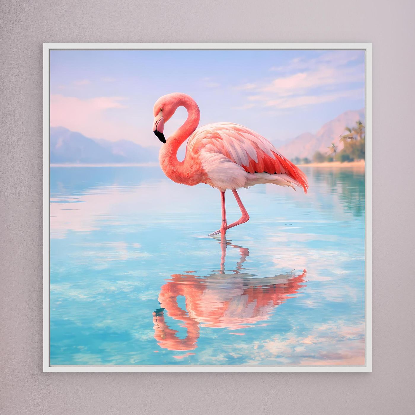 Wandbild: Flamingo am See mit Spiegelung, weißer Holzrahmen