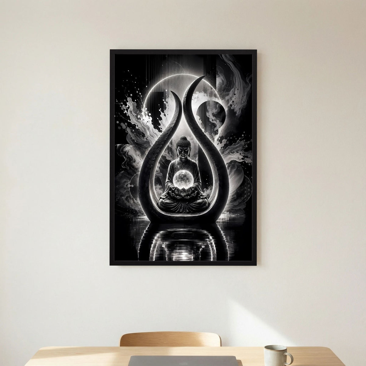 Buddha-Kunstposter in Schwarzweiß mit Meditierendem Buddha im Tropfen-Licht, schwarzer Rahmen