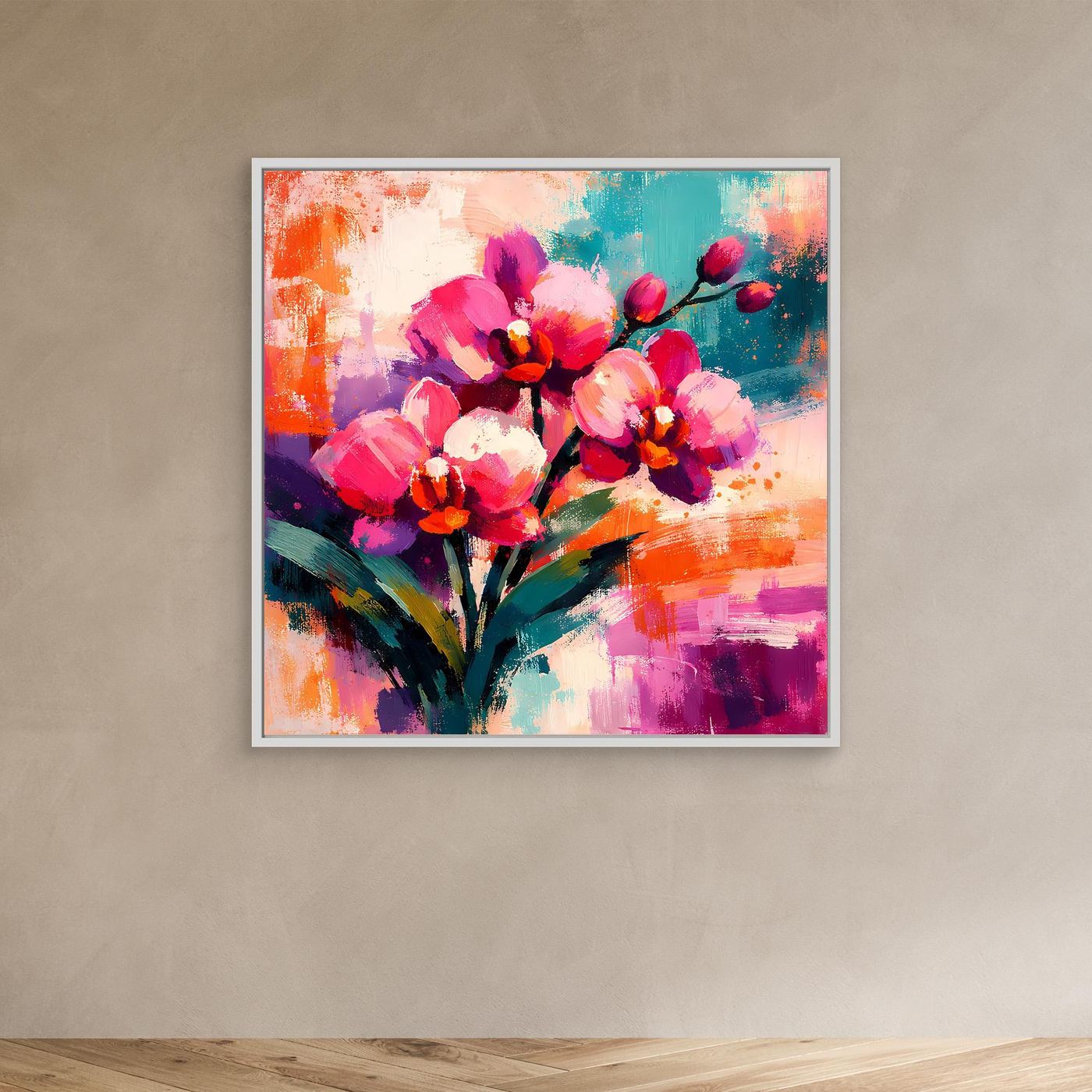 Orchideen-Leinwandbild im abstrakten Stil mit bunten Farben, weißer Rahmen