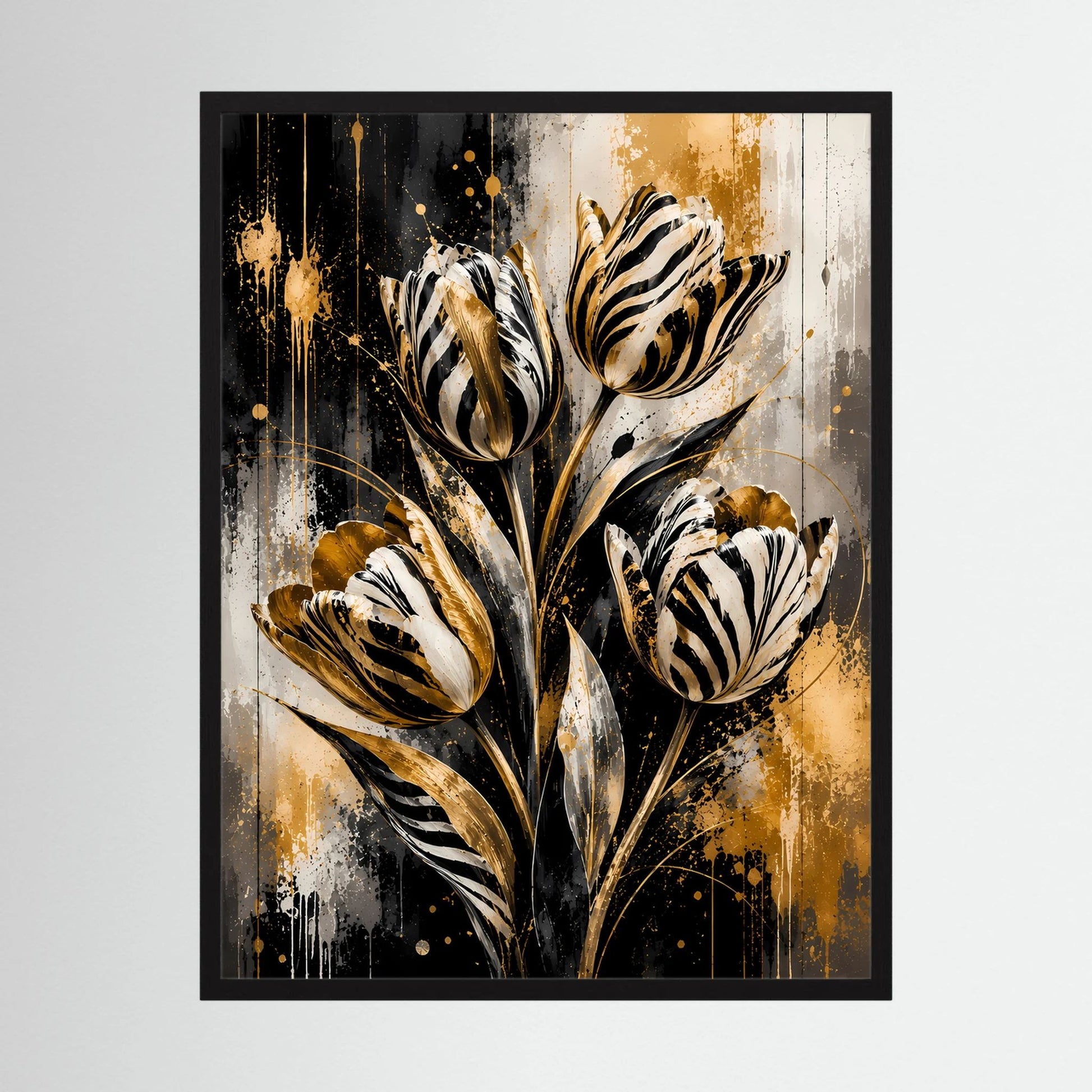 Abstraktes Tulpen-Poster im schwarzen Rahmen, Schwarz-Weiß mit goldenen Sprenkeln