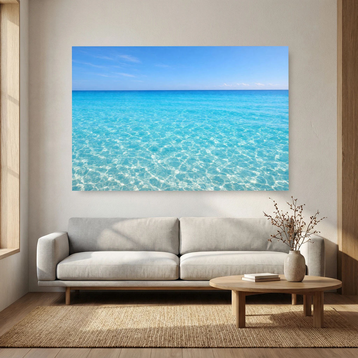 Meer-Wandbild im Querformat über einer hellen Couch und einem Couchtisch.