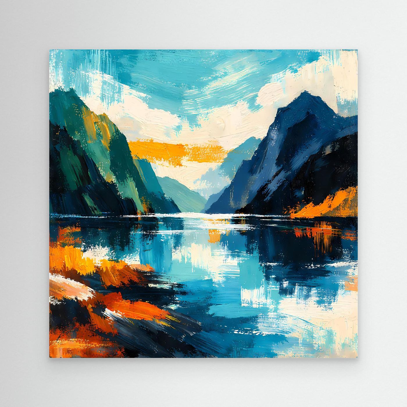 Abstraktes Leinwandbild mit Fjord-Landschaft: Berge, See und Spiegelung in Blau-Orange-Tönen.